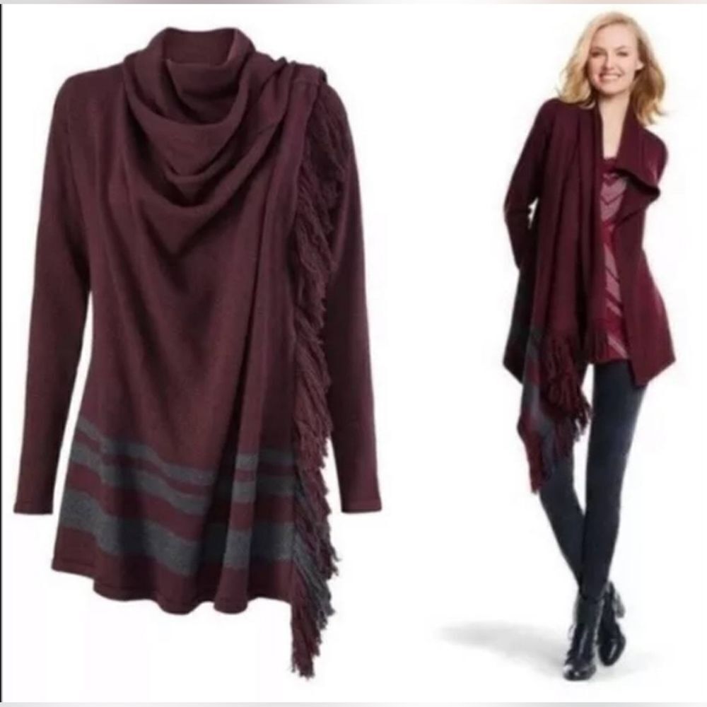 NWT Cabi Maroon & Gray Fringe Wrap Sweater (L)